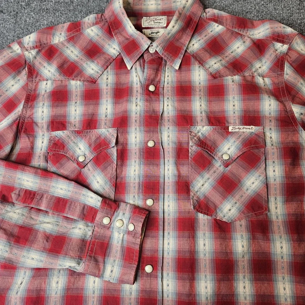Lucky Brand Dungarees  Mens Pearlsnap Plaid L/S Shirt Size Large Red Western